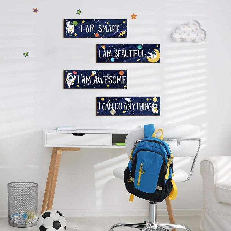Yookeer 4 Pcs Space Room Decor for Kids Boys Outer Space Wall Art Bedroom Decor for Nursery Classroom Astronaut Galaxy Posters Spaceman Wood Sign Be Brave and Be Kind for Baby Boy(I) - Image 2